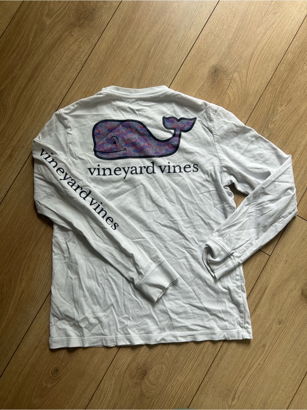 Vineyard Vines White Long Sleeve Tee with Pink & Purple Patterned Whale